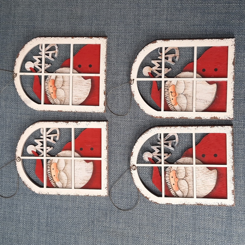 Christmas Ornament Santa Xmas Laser Cut Wood Hand Painted Wire Hanger 4 pieces